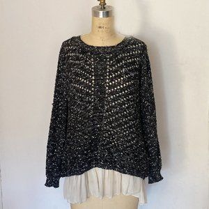 Black and white Scoop Beck  Long Sleeve Two-Fer Sweater.